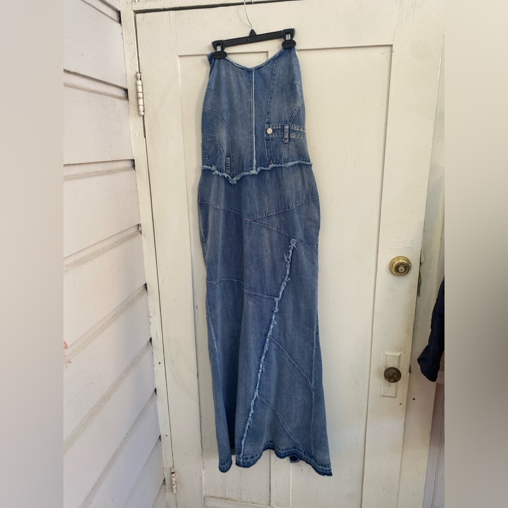 NWT Fashion Nova Delilah Denim Maxi Dress Med Strapless Corset Bustier Stretch - Picture 6 of 14